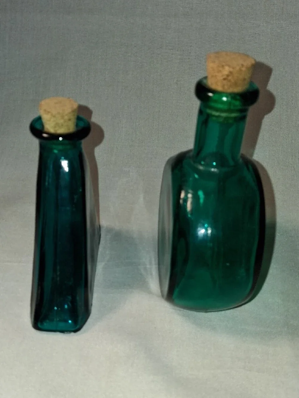 Teal Glass Decorative Bottles with Cork Stoppers Set of 2 Mini Vases